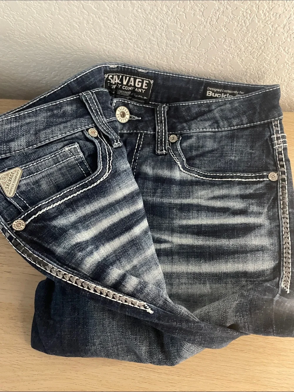 Salvage Dark Indigo Bootcut Jeans with White Contrast Stitching